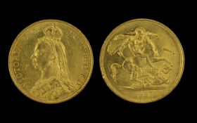Queen Victoria Jubilee Head St George 22ct Gold Double Sovereign - Date 1887. High Grade - Please