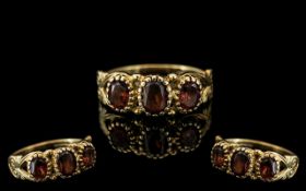 Antique Period - Attractive 18ct Gold 3 Stone Orange Garnet Set Ring. Excellent Setting / Design.