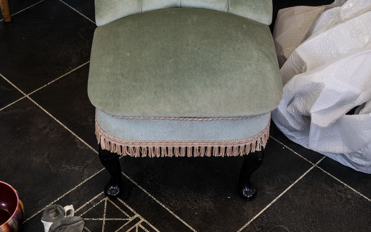 Pale Green Velour Bedroom Chair, with decorative fringing, buttoned back. - Image 2 of 2