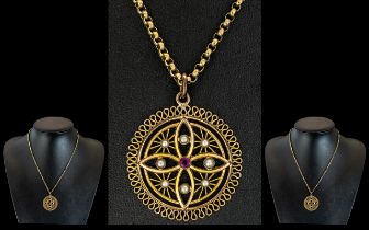 Antique Period - Superb and Attractive 9ct Gold Circular Open worked Pendant Set with Seed Pearls,