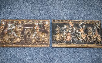 Two Decorative Metal Plaques depicting The Battle of Evesham 1265. Each measures 16" x 10".