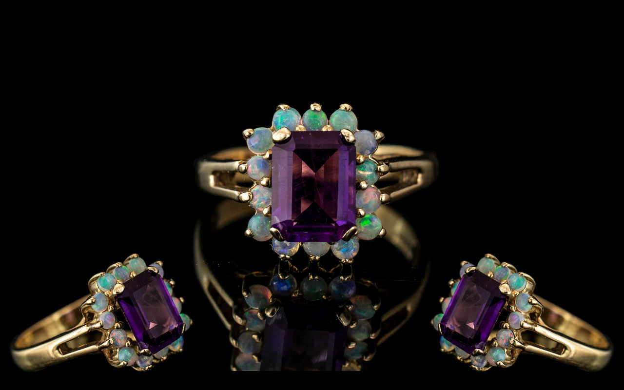 Ladies - Attractive 9ct Gold Amethyst and Opal Set Ring. Full Hallmark to Interior of Shank.