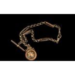 Antique Period 9ct Gold Double Albert Watch Chain Medal / T-Bar, With Double Lobster Claw Clasps.