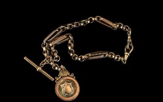 Antique Period 9ct Gold Double Albert Watch Chain Medal / T-Bar, With Double Lobster Claw Clasps.