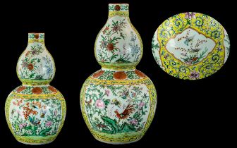 An Antique Chinese Double Gourd Vase painted floral enamel decoration with birds, butterflies etc.