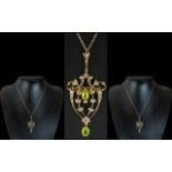 Victorian Period - Exquisite and Attractive 9ct Gold Open Worked Peridot and Seed Pearl Set Pendant