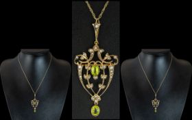 Victorian Period - Exquisite and Attractive 9ct Gold Open Worked Peridot and Seed Pearl Set Pendant