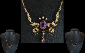 Victorian Period 15ct Gold - Attractive Amethyst and Seed Pearl Set Ornate Pendant Drop with