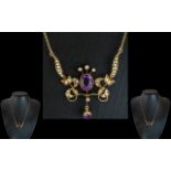 Victorian Period 15ct Gold - Attractive Amethyst and Seed Pearl Set Ornate Pendant Drop with