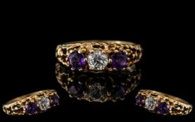 Ladies 9ct Gold Excellent Quality Diamond and Amethyst Set 3 Stone Ring. Superior Design / Setting.
