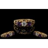 Ladies 9ct Gold Excellent Quality Diamond and Amethyst Set 3 Stone Ring. Superior Design / Setting.