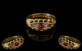 Antique Period Attractive 18ct Gold Ruby and Diamond Set Ring, Pleasing Setting.