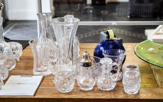 Collection of Quality Crystal Glass Items, comprising a 10" cut glass decanter, a 10" vase,