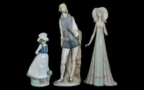 Lladro Figurine & Two Nao Figures, all with slight damage, Lladro tall lady 13.5'' finger missing,