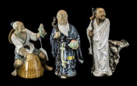 Three Chinese Shiwan Pottery Mudman Figures, approx 9" tall, including a scholar and a fisherman,