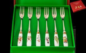 Boxed Set of Aynsley Christmas Pastry Forks, porcelain handles with Christmas scenes,