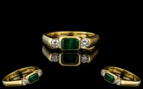 18ct Yellow Gold Superb Quality 3 Stone Emerald & Diamond Set Ring,