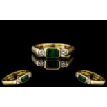 18ct Yellow Gold Superb Quality 3 Stone Emerald & Diamond Set Ring,