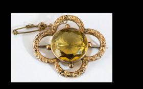 9ct Gold & Smoky Topaz Brooch. Stamped 9ct. Size 1.1/4 by 1.5 Inches.