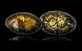 Russian Paper Mache Brooches of Oval Form. ( 2 ) In Total. Approx Size 6 by 3.5 cms. One Depicting
