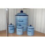 Large Blue Pottery Striped Bread Bin, 15" tall, with three matching pottery canisters for coffee,