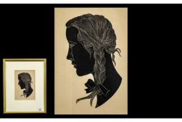 Eric Gill Woodcut 'The Plait', a silhouette style portrait of the artist's daughter Petra,