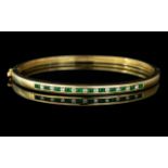 18ct Gold - Good Quality and Attractive Emerald and Diamond Set Hinged Bangle of Pleasing Design /