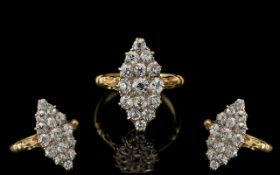 Antique Period Superb 18ct Gold Diamond Ring ( Boat Shaped ) Set with Beautiful White Semi-Cushion