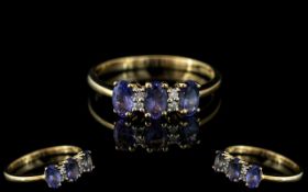 Ladies 14ct Gold - Petite Diamond and Amethyst Set Ring. .