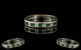 Ladies 18ct White Gold Contempory and Attractive Emerald and Diamond Set Dress Ring - Full Hallmark