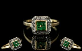 Ladies 9ct Gold Petite Emerald & Diamond Set Ring - Hallmarked 9.375 to shank.