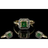 Ladies 9ct Gold Petite Emerald & Diamond Set Ring - Hallmarked 9.375 to shank.