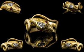 Antique Period Superb Quality Realistic 22ct Gold Snake Ring - Set with Rubies and Diamonds,