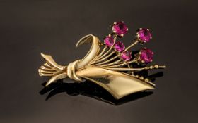 Ladies - Attractive Signed Rubies Set Flower Brooch. Fully Hallmarked for 9.375. The Rubies of