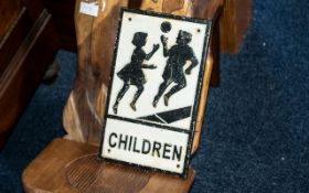 Cast Iron Painted Sign Depicting Two Children & The Words "Children"