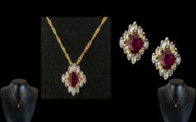 Ladies Attractive 14ct Gold Ruby & Diamond Set Pendant Drop, with attached 14ct gold fancy chain.