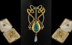 Art Nouveau Stylish 15ct Gold Turquoise Set Brooch Pendant, in true Art Deco design,
