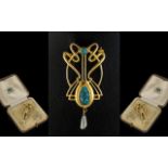 Art Nouveau Stylish 15ct Gold Turquoise Set Brooch Pendant, in true Art Deco design,