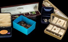 Box of Collectibles, comprising silver sixpence cufflinks, Scottish sword tie pin,