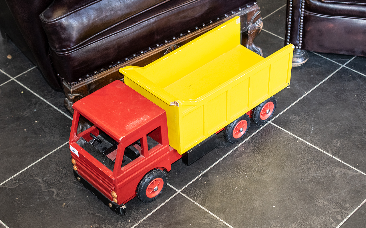 Painted Wooden Tipper Truck, red body and yellow tipper, length 27'', height 12''. - Image 2 of 2