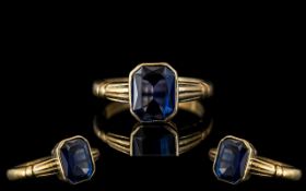 Art Deco Period - Attractive Petite Ladies 9ct Gold Step Cut Blue Sapphire Set Ring,