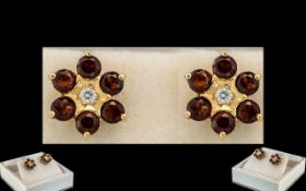 Ladies 18ct Gold - Attractive Garnet and Diamond Set Pair of Earrings, Cluster Design Setting.