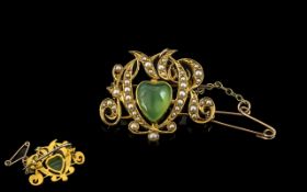 Victorian Period Exquisite 18ct Gold - Green Jade and and Seed Pearl Set Ornate Small Brooch with