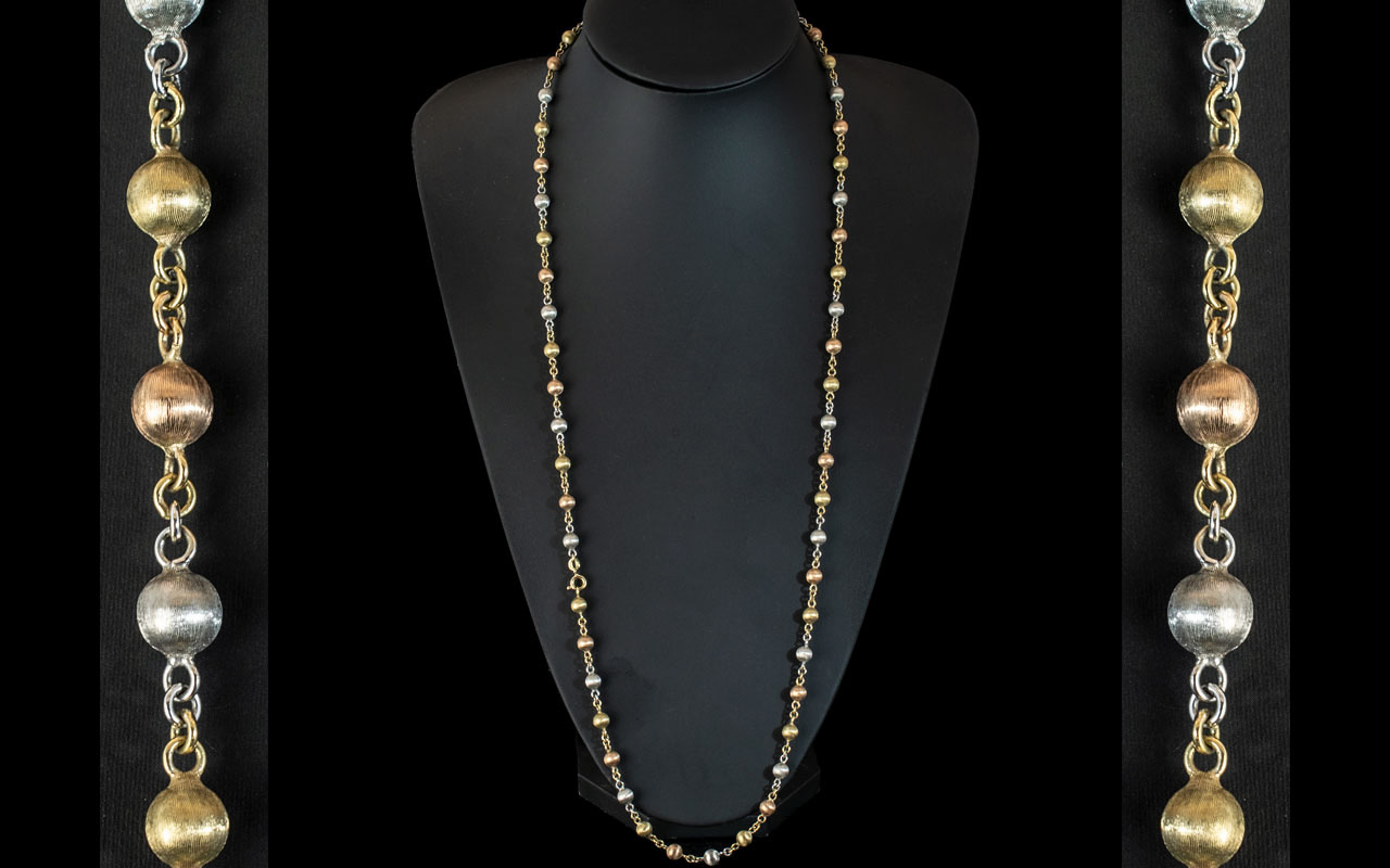 A Superior Quality 9ct Two Tone Gold Fancy Long Chain with Baubles Design, White and Yellow Gold.