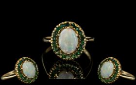 Ladies 9ct Gold Attractive Opal and Emerald Set Cluster Ring. Full Hallmark to Interior of Shank.