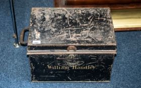 A Large Metal Hinged Milners Deed Box Painted in Black height 30 cm, width 17 cm, 30 cm deep.