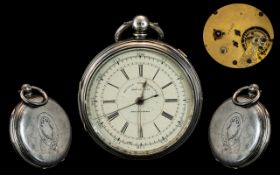 Victorian Period - Large Sterling Silver Marine Open Faced Decimal Chronograph Pocket Watch.