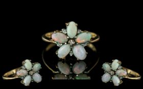 Edwardian Period - Attractive Flower head Design - Ladies 9ct Gold Opal and Diamond Set Ring.