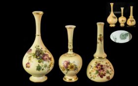 Royal Worcester - Trio of Hand Painted Blush Ivory Specimen Vases.