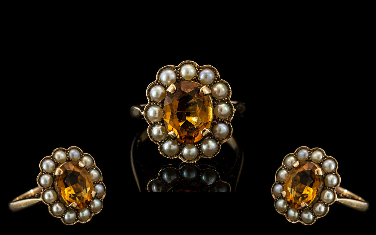 Antique Period 18ct Gold Attractive Citrine Orange Faceted Stone and Seed Pearl Set Ring.